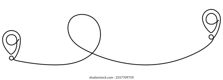 Path between two location markers continuous line drawing. Travel destination concept. GPS navigation symbol. Vector illustration isolated on white.