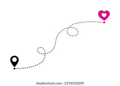 Path between two points Location pointers navigation and concept love travel Plan tracker Vector hand drawn illustration