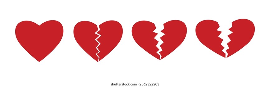 The path to a broken heart. Vector simple red hearts. Love heart and broken hearts isolated on white background.
