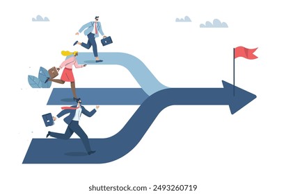 Der Weg der Wirtschaft, Schaffung von Chancen und Wettbewerb, drei Geschäftsleute laufen auf dem drei Rennen Titel, um für eine einzige Ausfahrt zu konkurrieren. Vektorgrafik Design Illustration.