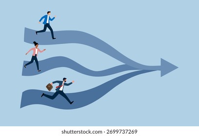 The path of business, creating opportunities and competition, Three businesspeople run on the three race track to compete for a single exit. Vector design illustration.