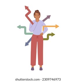 Path choice concept, choosing from multiple directions, woman making choices, decisions, life path. Lady choose from different options, opportunities. Solutions flat cartoon vector illustration