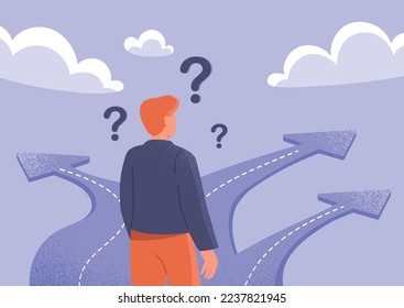 Path choice concept. Man stands at fork with three roads. Young guy determines path of life and makes decision. Metaphor for thought process. Graphic element for site. Cartoon flat vector illustration