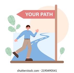 Path concept. Life course or business way, plan or strategy. New opportunities and self development, life changing decision. New road to destination. Flat vector illustration