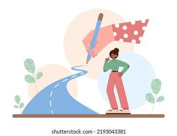 Path concept. Life course or business way, plan or strategy. New opportunities and self development, life changing decision. New road to destination. Flat vector illustration