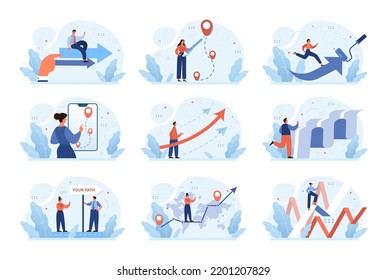 Path concept set. Life course or business way, plan or strategy. New opportunities and self development, life changing decision. New road to destination. Flat vector illustration