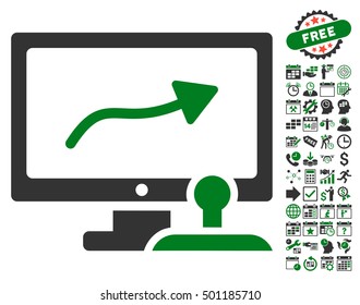 Path Control Monitor icon with bonus calendar and time service design elements. Vector illustration style is flat iconic symbols, green and gray colors, white background.