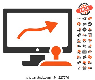 Path Control Monitor icon with free bonus icon set. Vector illustration style is flat iconic symbols, orange and gray colors, white background.