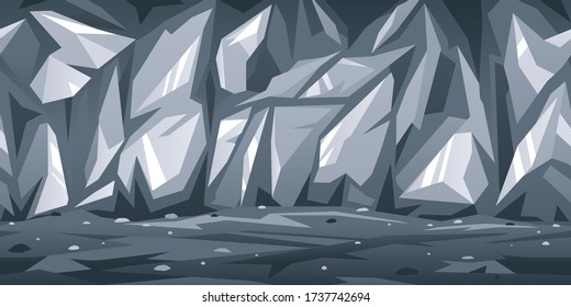 Path is crossing the sharp rocky cave game background tillable horizontally, dark terrible empty place with rock walls and reflections of light, dangerous dungeon illustration