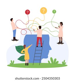 Path and direction choice between alternative options, decision making process. Tiny people choose success way to solve complex problem among confusion of solutions cartoon vector illustration