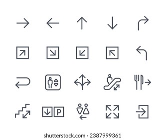 Conjunto de iconos de línea de dirección de ruta. Flechas para la navegación. Elementos de diseño de interfaz de usuario y UX para aplicaciones y programas móviles. Ascensor en el hotel. Colección lineal vectorial aislada en fondo blanco