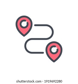 Path and distance color line icon. Two location markers with track vector outline colorful sign.