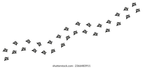 Path of duck, goose, swan footprints. Tracks of paw prints of seagull, cormorant, pelican, flamingo, albatross. Silhouette. Trail of webbed-footed birds. Black Vector isolated on white. Print, game