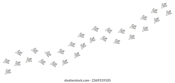 Path of duck, goose, swan footprints in snow. Tracks of paw prints of seagull, cormorant, pelican, flamingo, albatross. Contour. Trail of webbed-footed birds. Black Vector isolated on white. Print