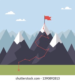 Path To Flag On Mountain Peak Flat Design Vector Illustration. Way To Success Concept.