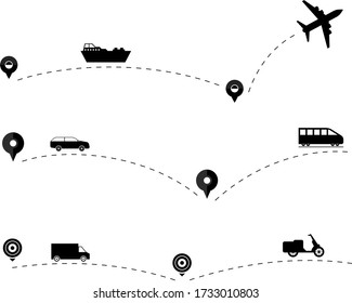 Path flight travel plane trip transport symbol, airplane fly aircraft air transports symbols vector illustration. Planes pathes travelling airline tourism flat design isolated on white background