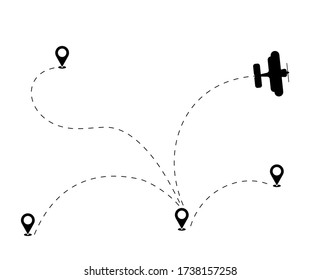 Path flight travel plane trip and airplane symbol, air aircraft travelling transportation symbol vector illustration. Planes pathes airline tourism flat concept isolated on white background