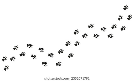 Path footprints of dog, puppy, wolf, fox. Dog paw print, silhouette. Diagonal track. Vector isolated. Paw pattern. Wolf trace. Pet shop, printing, textiles, educational books, games, postcards