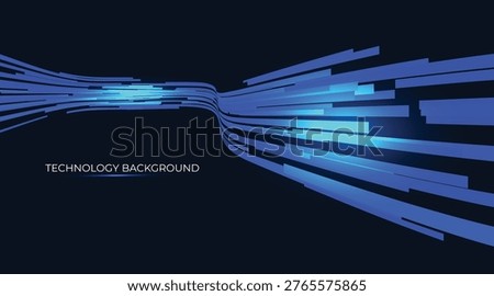 A path of futuristic, curving flow lines. Bright blue lines simulate data transmission. A trajectory of blue lines within a digital space, simulating torrents of big data in transit. Cybernetic waves