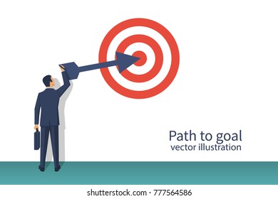 Path to goal. Business concept. Vector illustration flat design. Isolated on white background. Achieving goal. Strategy to aim. Businessman in suit draws on the wall a target and an arrow.
