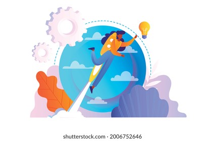 The path to the goal concept. The girl is flying to her dreams on a rocket. Overcoming obstacles and achieving success. Cartoon modern flat vector illustration isolated on a white background