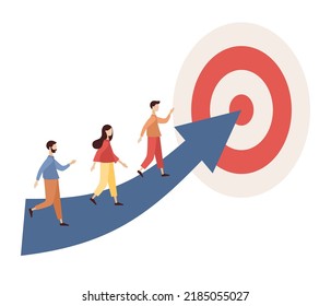 Path the goal. Efforts to achieve target. People businessmen running towards the goal. Success Route, Perseverance, Challenge, Career and personal growth. Business concept. Vector flat illustration 