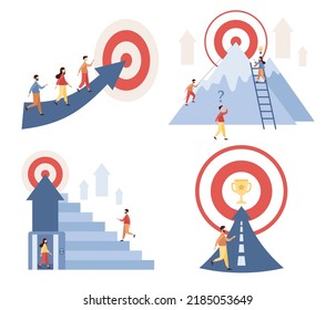 Path the goal icon set. Efforts to achieve target. Success Route, Perseverance, Challenge, Career and personal growth. Business concept. Vector flat illustration 