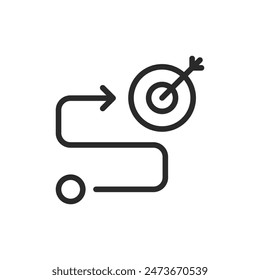 Path to goal, linear style icon. Line from point to goal with arrow. Editable stroke width