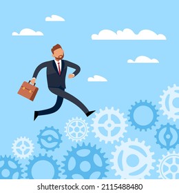 The path to goal through workflow. Businessman running on gear mechanism. Professional growth opportunities. Target achievement. Vector cartoon flat style isolated business concept