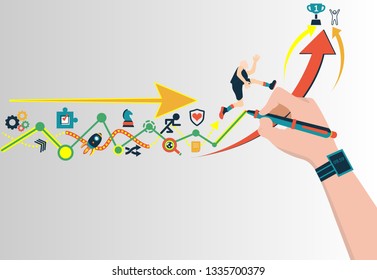 Path to the goal.hand drawing a line leading to the goal. Business vector concept illustration
