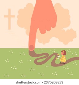 Path to God. A little girl walks along the road that God drew for her with his own hand. There is a cross in the sky and the road to it. vector illustration