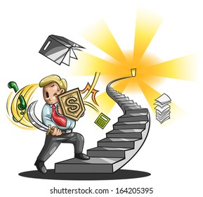 Path to a great businessman. An businessman is walking up the stairs fighting every obstacle in the way, create by vector 