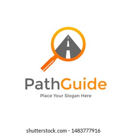 Path guide or map guide vector logo template with street and magnifying glass symbol