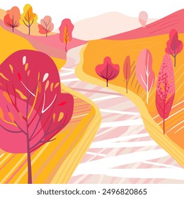 Path in the hills. Autumn red pink trees and plants. Yellow fields. Square poster postcard. Hand drawn, Flat vector