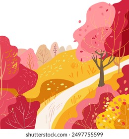 Path in the hills. Autumn red yellow trees and bushes. Square poster folk postcard. Hand drawn, Flat vector