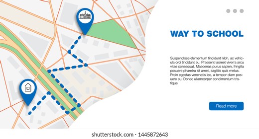 The path from home to school drawn on the map, the navigation scheme. Infographics how to get from home to school child in the city. Way to school