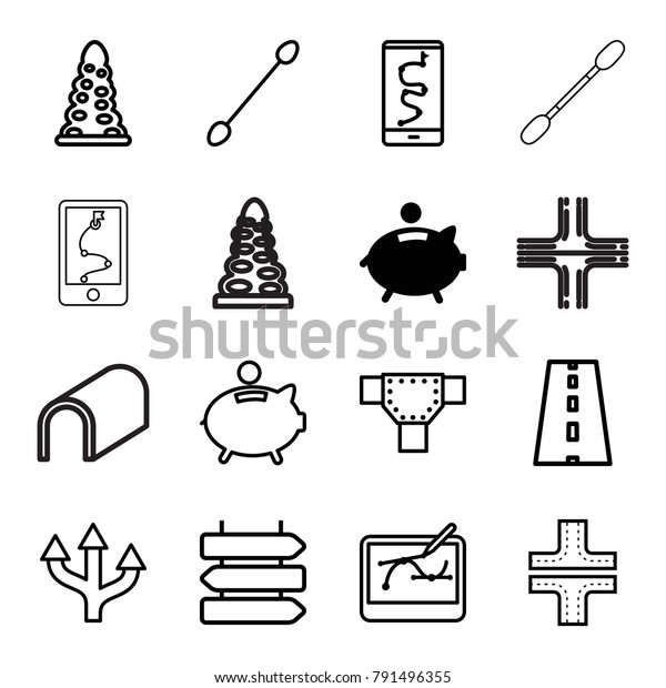 Path icons. set of 16 editable outline path icons\
such as piggy bank, direction   isolated, tunnel, road, cotton\
buds, arrow, route and\
phone