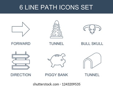 path icons. Set of 6 line path icons included forward, tunnel, bull skull, direction, piggy bank on . Editable path icons for web, mobile and infographics.
