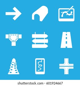 path icons set. Set of 9 path filled icons such as direction   isolated, tunnel, road, pen tool on tablet, forward