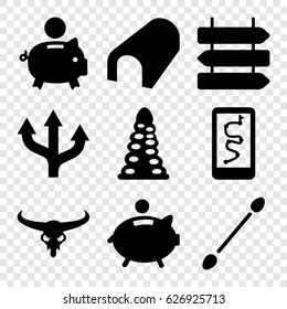 Path icons set. set of 9 path filled icons such as bull skull, direction   isolated, tunnel, cotton buds, piggy bank, arrow