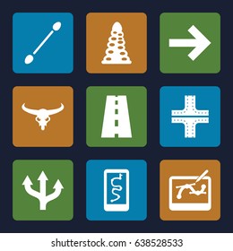 Path icons set. set of 9 path filled icons such as bull skull, tunnel, road, cotton buds, pen tool on tablet, arrow, forward