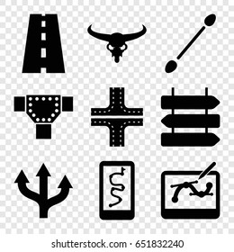 Path icons set. set of 9 path filled icons such as bull skull, direction   isolated, road, cotton buds, pen tool on tablet, arrow