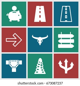 Path icons set. set of 9 path filled and outline icons such as bull skull, direction   isolated, tunnel, road, piggy bank, arrow