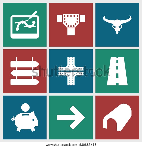 Path icons set. set of 9 path filled icons such as\
bull skull, direction   isolated, tunnel, road, pen tool on tablet,\
piggy bank