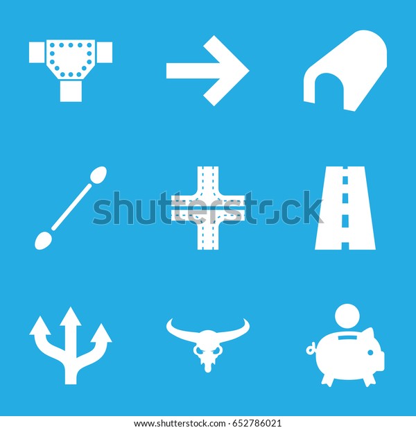 Path icons set. set\
of 9 path filled icons such as bull skull, tunnel, road, cotton\
buds, piggy bank, arrow