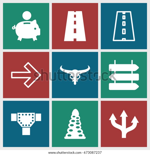 Path icons set. set of 9 path filled and outline\
icons such as bull skull, direction   isolated, tunnel, road, piggy\
bank, arrow