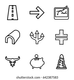 Path icons set. set of 9 path outline icons such as bull skull, tunnel, road, piggy bank, pen tool on tablet, arrow