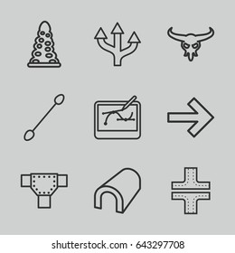 Path icons set. set of 9 path outline icons such as bull skull, tunnel, road, cotton buds, pen tool on tablet, arrow