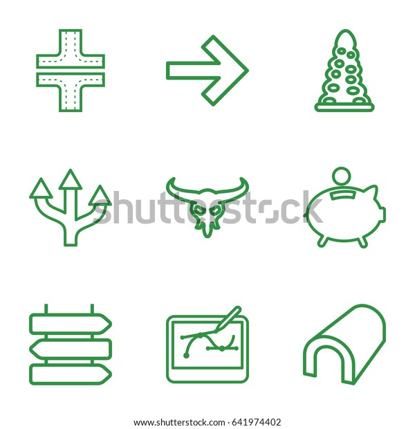 Path icons set. set of 9 path outline icons such as\
direction   isolated, bull skull, tunnel, road, piggy bank, pen\
tool on tablet, arrow