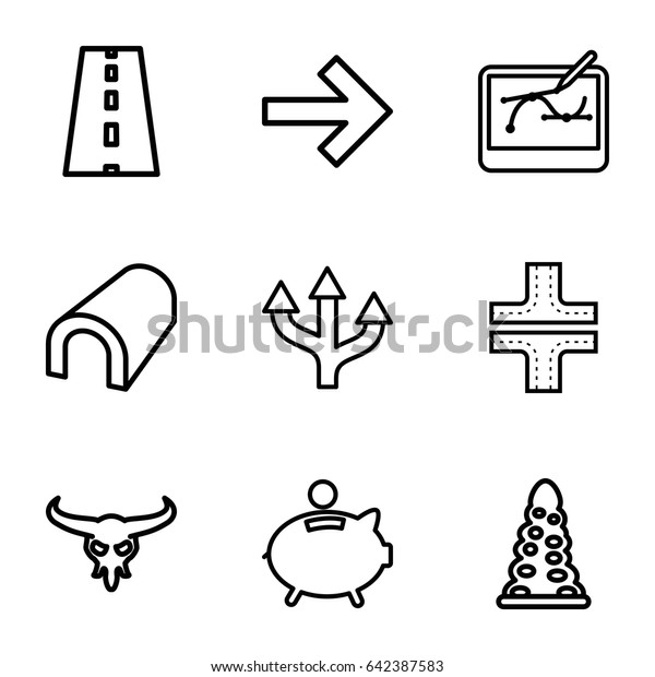 Path icons\
set. set of 9 path outline icons such as bull skull, tunnel, road,\
piggy bank, pen tool on tablet,\
arrow